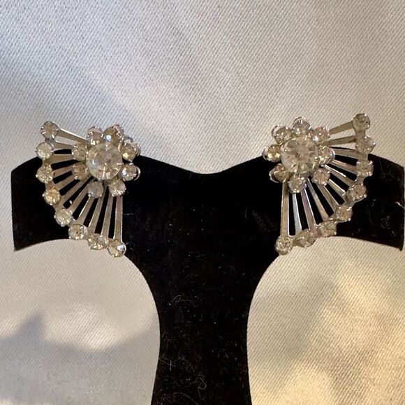Vintage 50s Rhinestone Silver Fan Clip Earrings